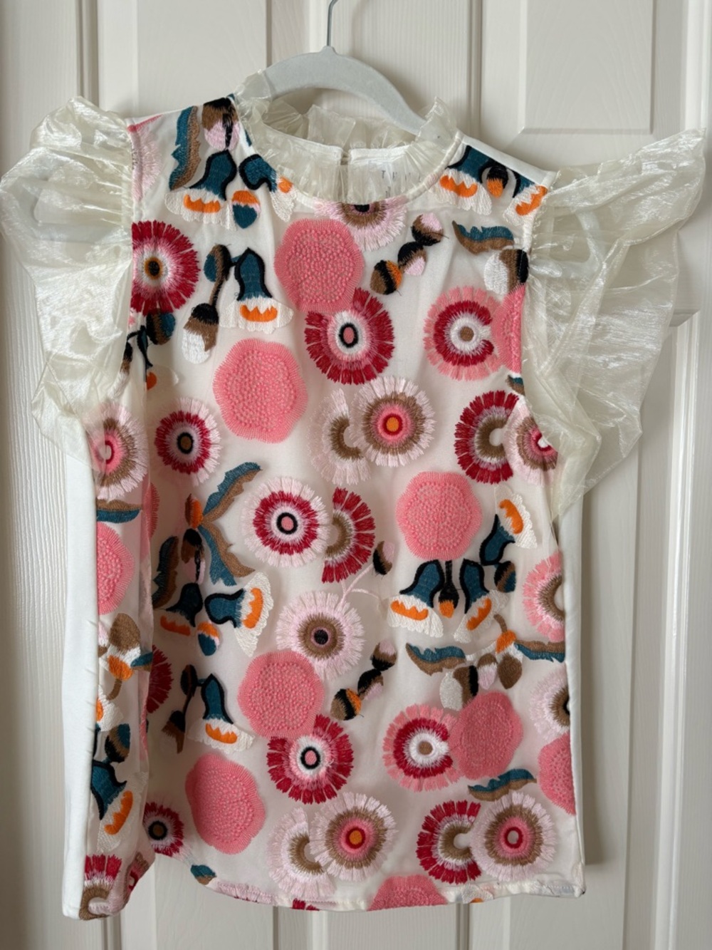 THML Pink Floral Embroidered Puff-Sleeve Blouse